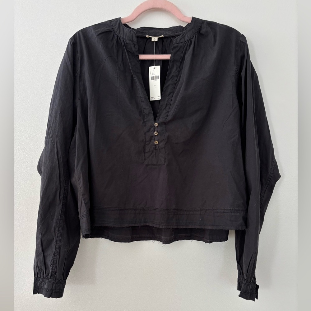 NWT Pilcro Cropped Black Henley Top Small Anthropologie Long Sleeve